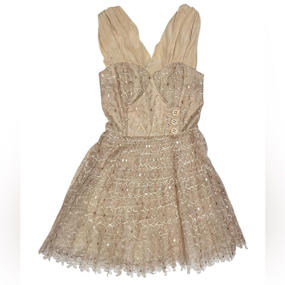 Anthropology Frock! By Tracy Reese Nude Gold Floral Fit and Flare Mini dress - Picture 2 of 11